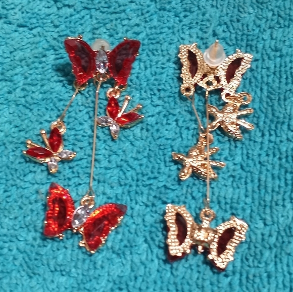 Red Dangle Post Butterfly Crystal Earrings - Picture 3 of 3